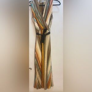 Piazza Italia Woman’s Striped Dresss Size Large Elastic Waist with Belt Tie New